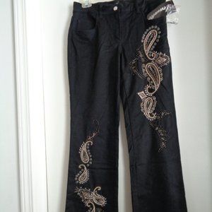 Black Denim Look Pants Beaded Paisley Swirls S 8